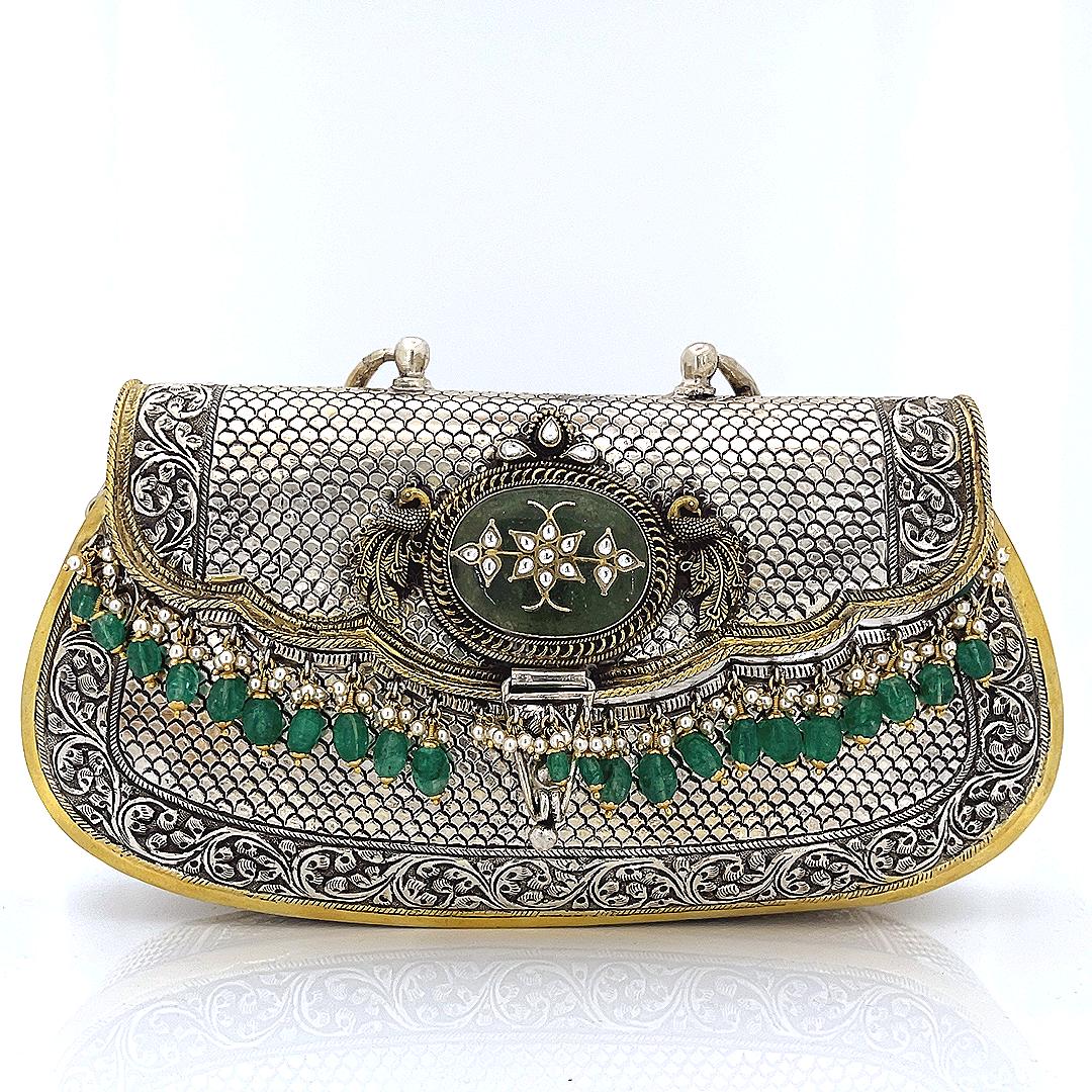 Silver Peacock Emerald Purse