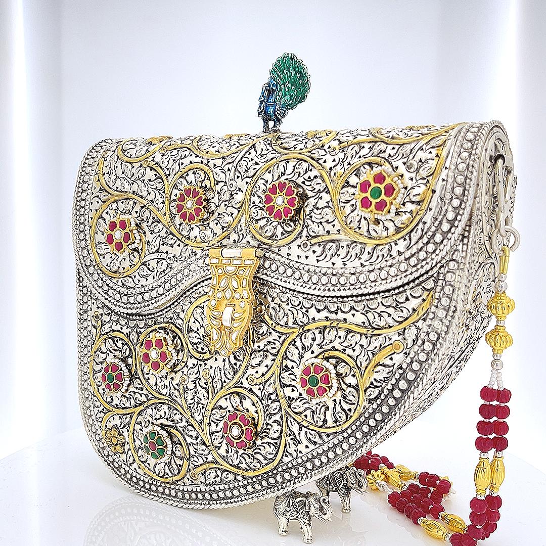 Silver Peacock Elephant Purse
