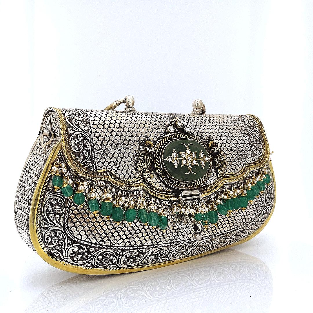 Silver Peacock Emerald Purse
