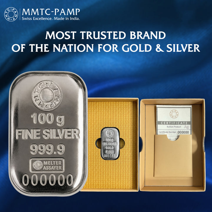 MMTC PAMP 100 GMS 999.9 SILVER CASTED BAR