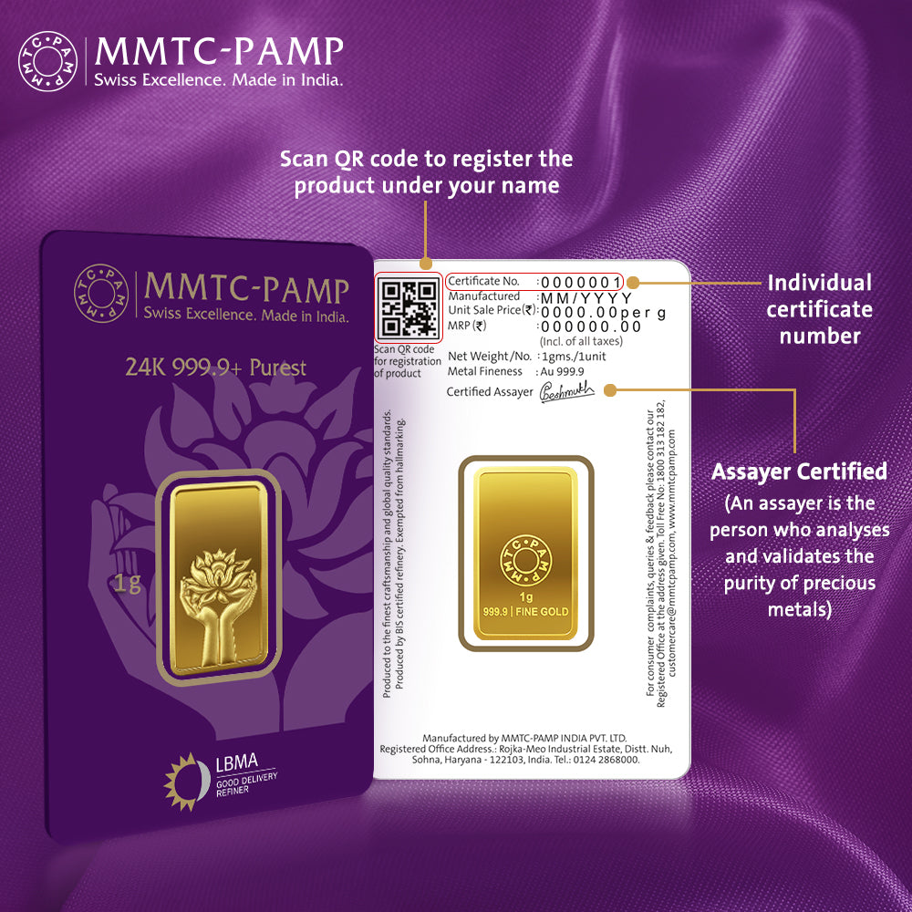 24K (999.9+) Purest 1 gm Lotus Gold Bar