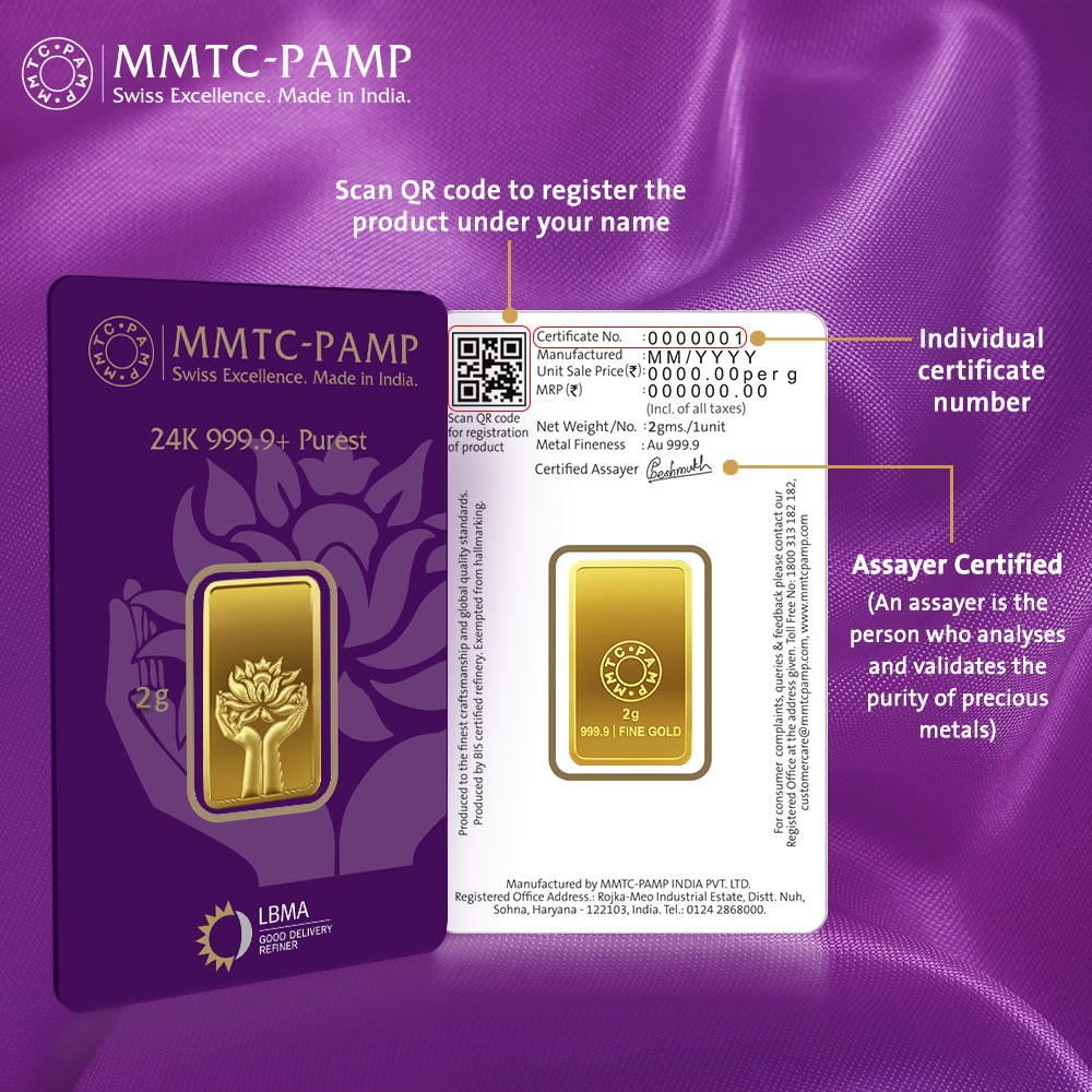 24K (999.9+) Purest 2 gm Lotus Gold Bar